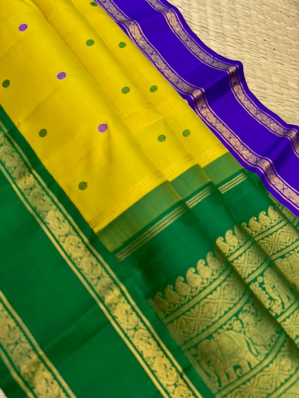 Vintage Ragas on Kanchivaram - a much loved sampanga yellow korvai Kanchivaram with retta pett ganga jammuna korvai borders with silk buttas woven body