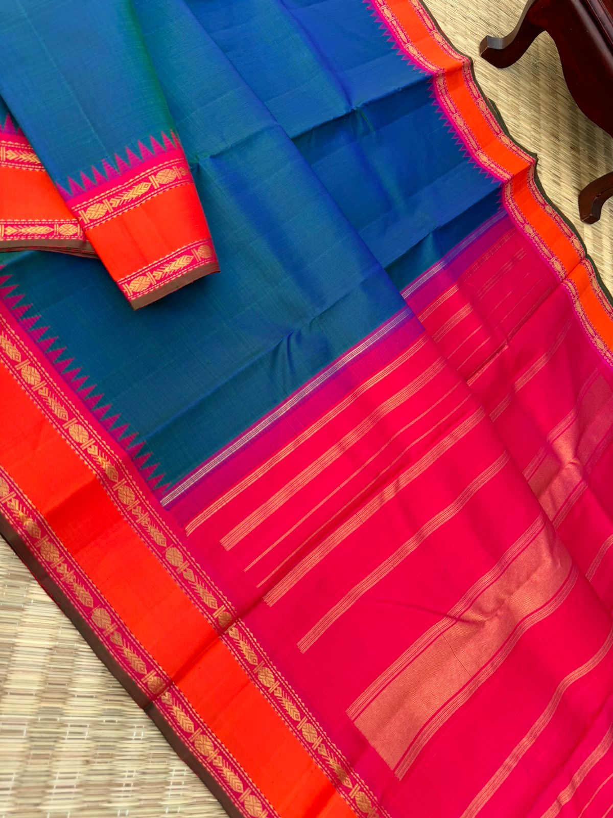 Kamakshi - Heirloom Korvai Kanchivaram - the best of best peacock blue body with orange pink borders and pallu