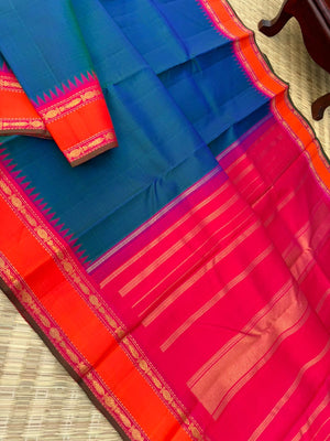 Kamakshi - Heirloom Korvai Kanchivaram - the best of best peacock blue body with orange pink borders and pallu