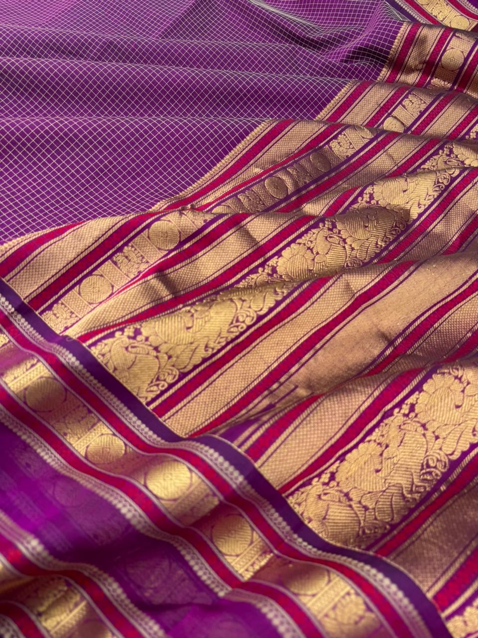 Zari Kissed Silk Cotton - dark purple podi kattam with retta pett woven borders