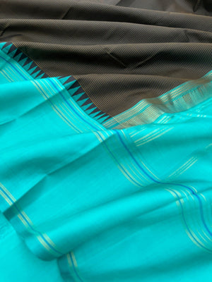 Rarest Korvai Kanchivaram - the best of best black ans teal with invisible stripes woven body
