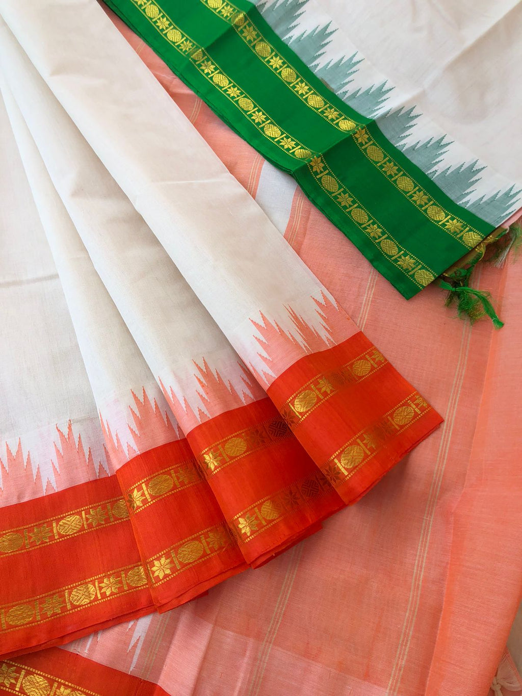 Cotton body with Pure Silk Double Side Korvai Borders - off white with orange and green ganga jammuna woven borders