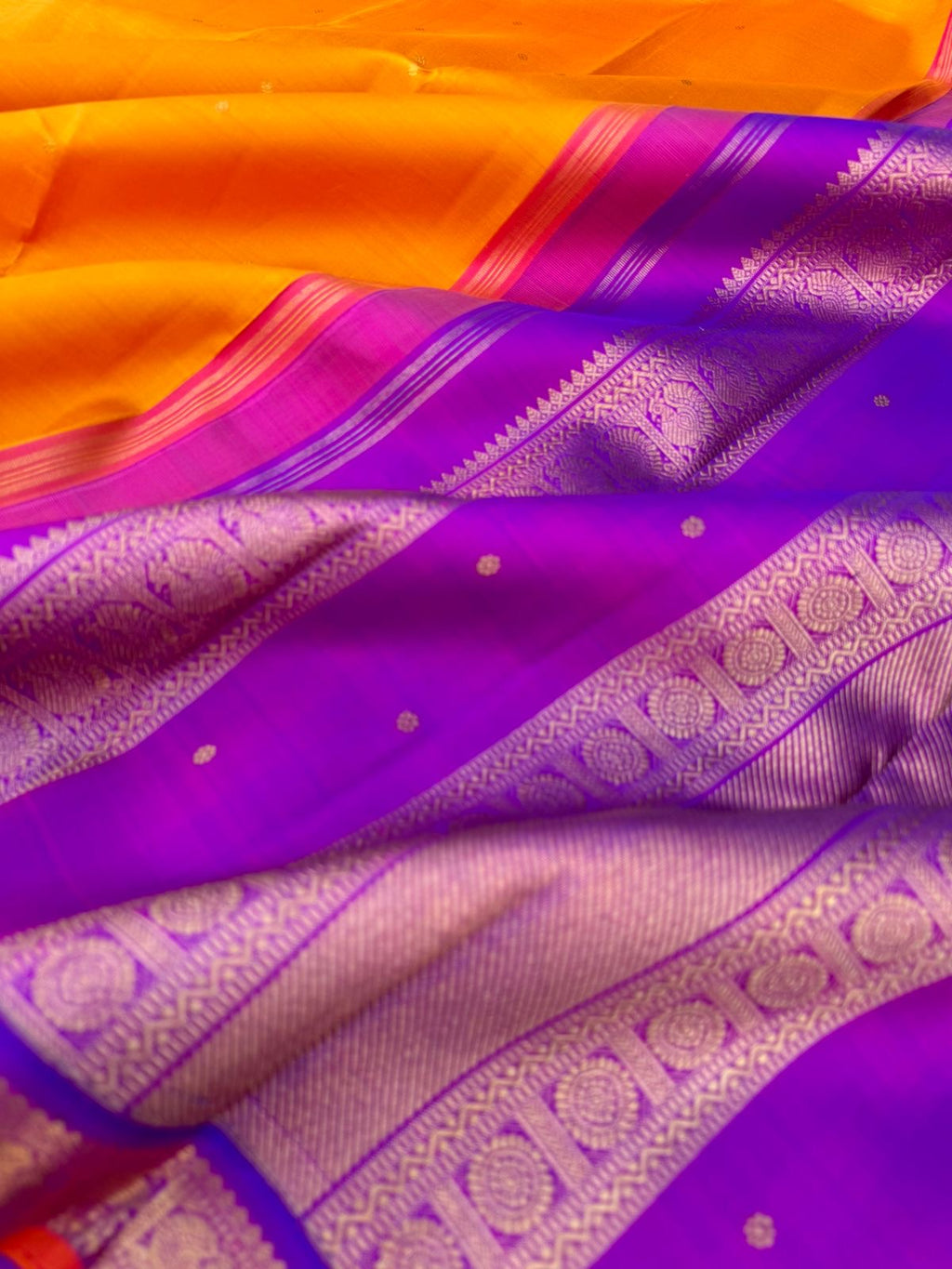 Kamakshi - Heirloom Korvai Kanchivaram - for people who love small borders in a classic vintage mustard and violet combination