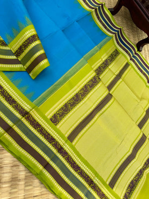 Sahasra - Most Difficult to Make No Zari Kanchivarams - Simple anandha blue and apple green with yali woven borders