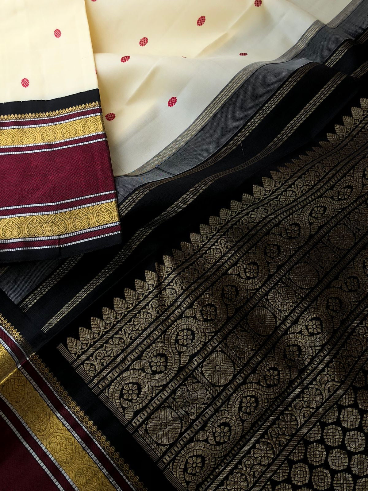 Leela - Limited Edition of Kanchivarams - smart classy stunning creamy off white and black with korvai woven borders with buttas woven body