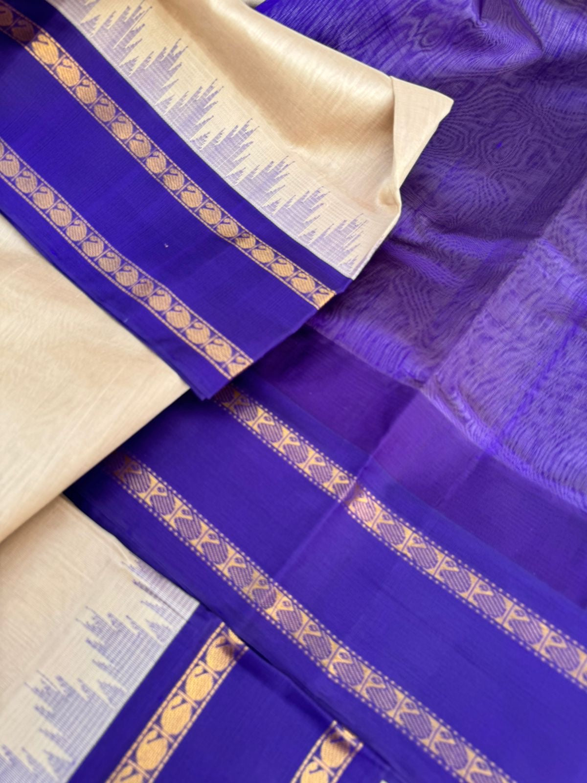 Korvai Silk Cotton - beige ivory and deep violet
