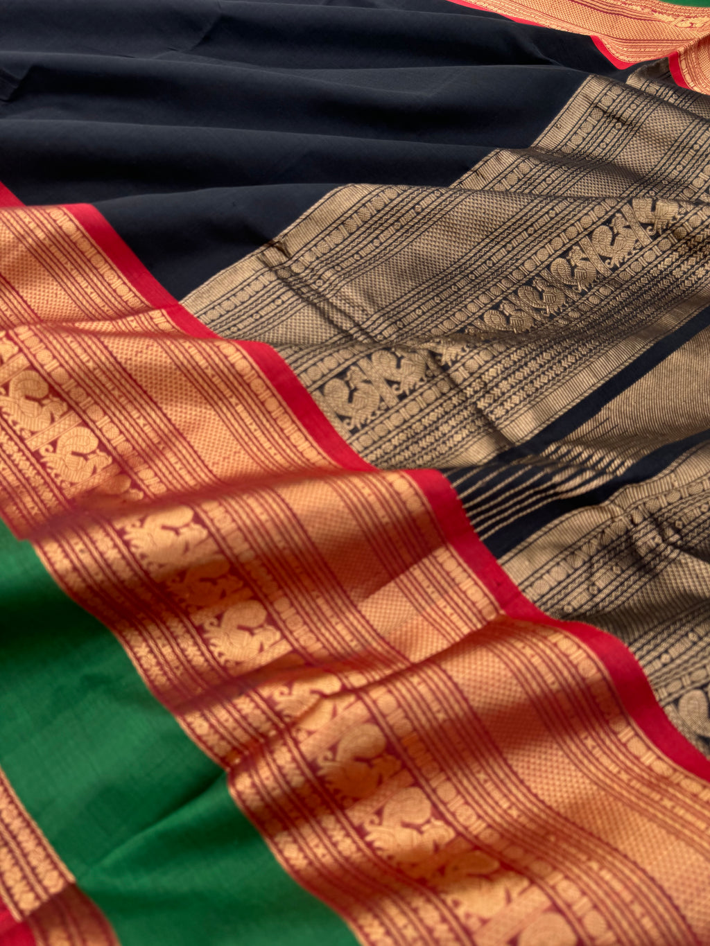 Zari Kissed Silk Cotton - gorgeous black with grand woven borders