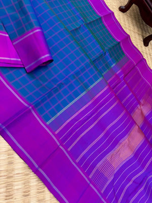 Colour Play on Kanchivaram - Simple and elegant peacock blue and violet kattam kanchivaram