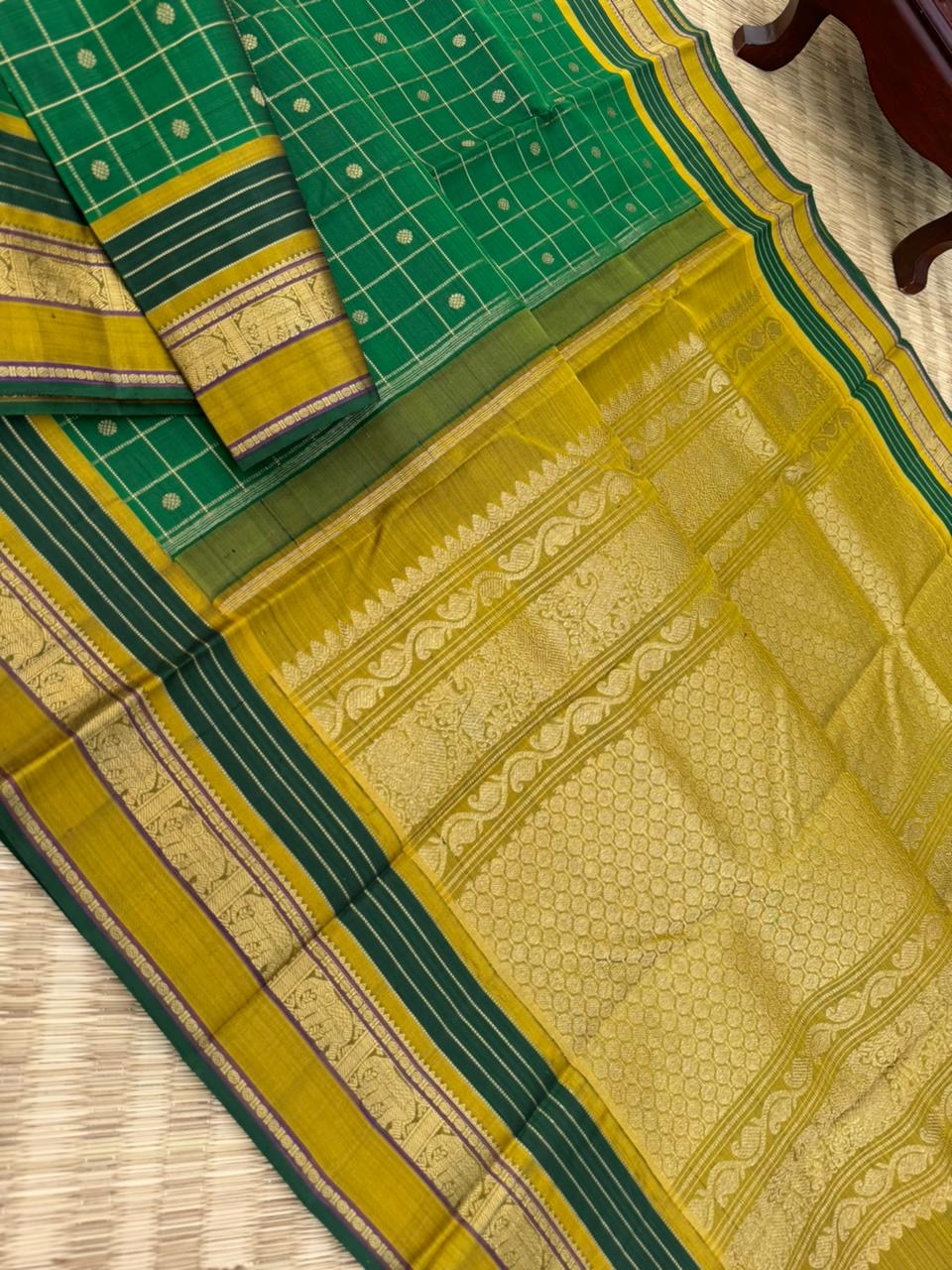 Kanchivaram Trunk - a stunning green and fenugreek mustard kattam and butta woven Kanchivaram