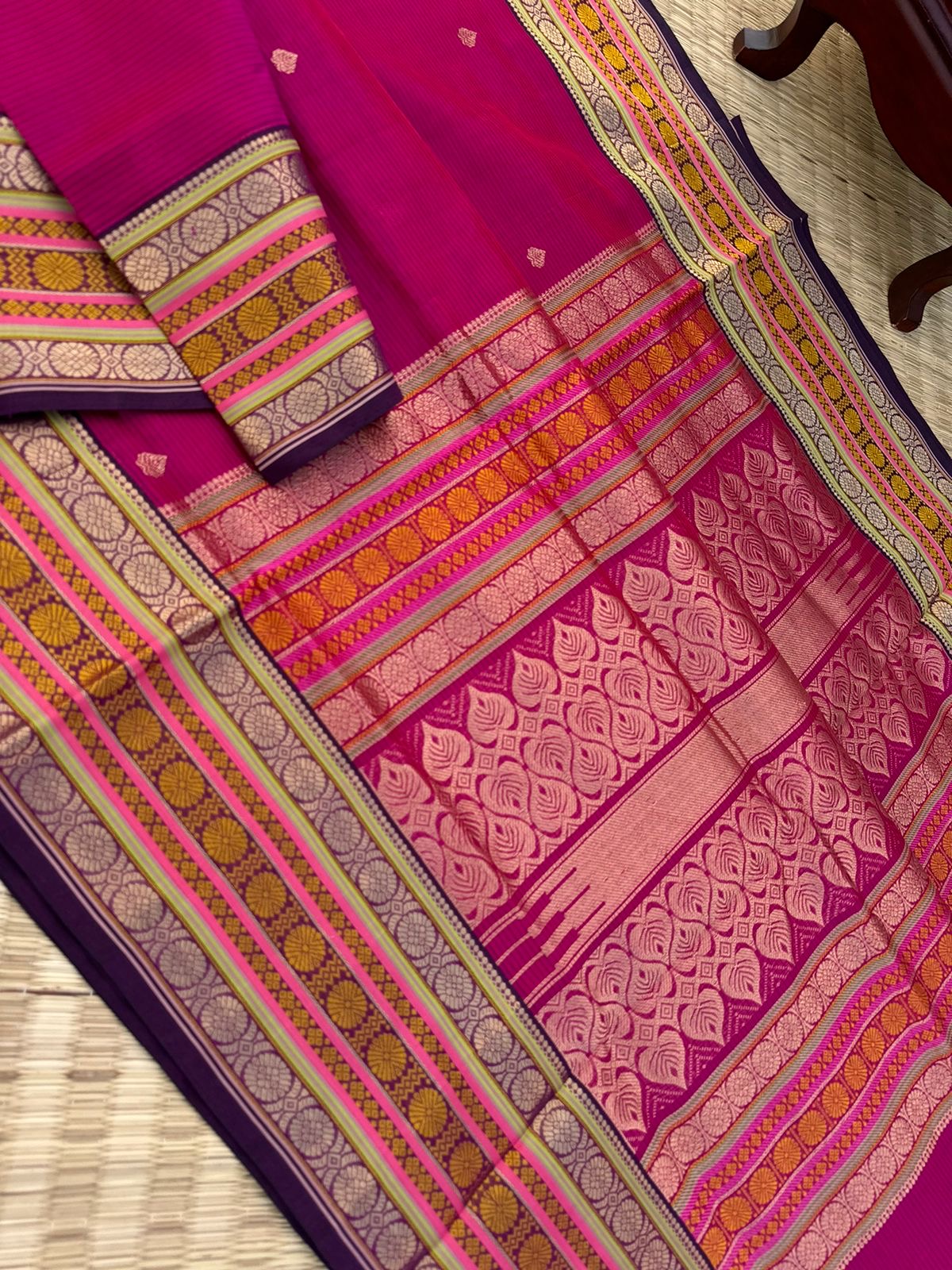 Zari Kissed Silk Cotton - deep dark pink with three row of laddu kamalam borders
