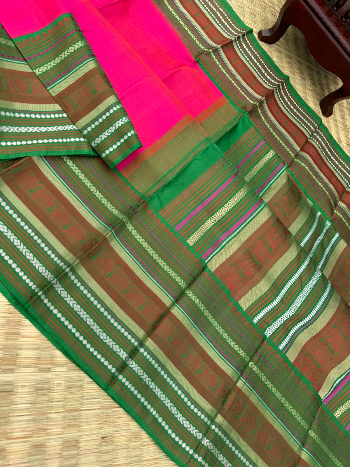 Album Untouched - a classy kalakshetra style Kanchivaram in style pink and green with varusai pett woven no zari borders