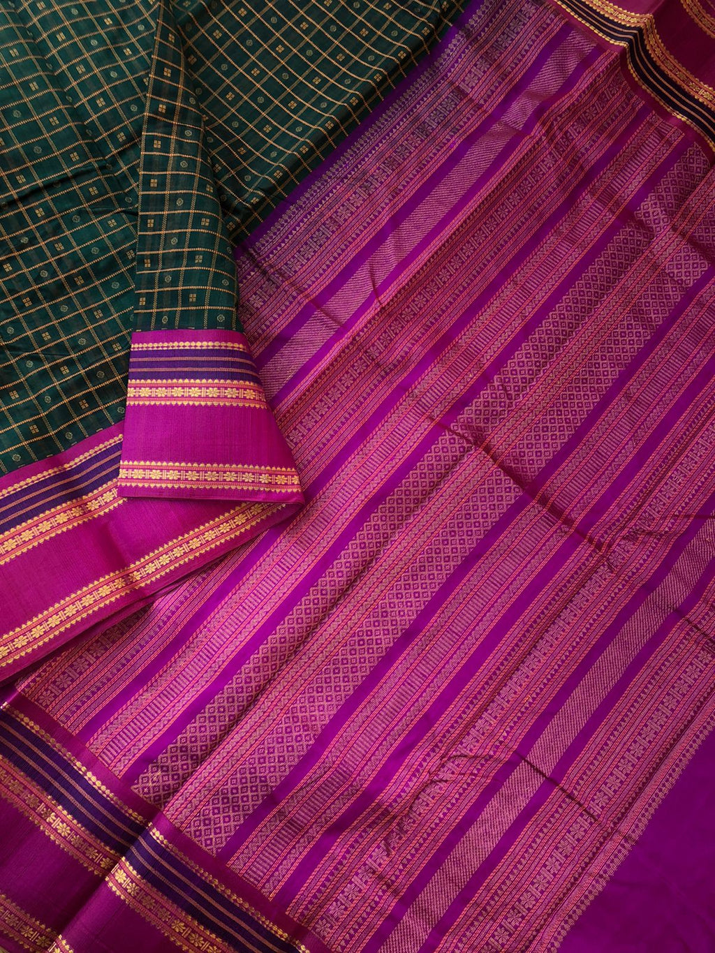 Divyam - Korvai Silk Cotton with Pure Silk Woven Borders - deep forest green and majenta Lakshadeepam