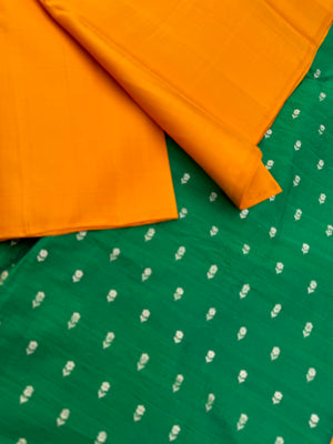 Niram - Celebrating of Full Plain Kanchivaram Silks Paired with Beautiful Blouses - Traditional mustard saree with bottle green raw silk blouse