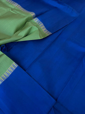 Art of Kai Korvai Kanchivaram - green and off white kasa kasa kattam with ink blue borders