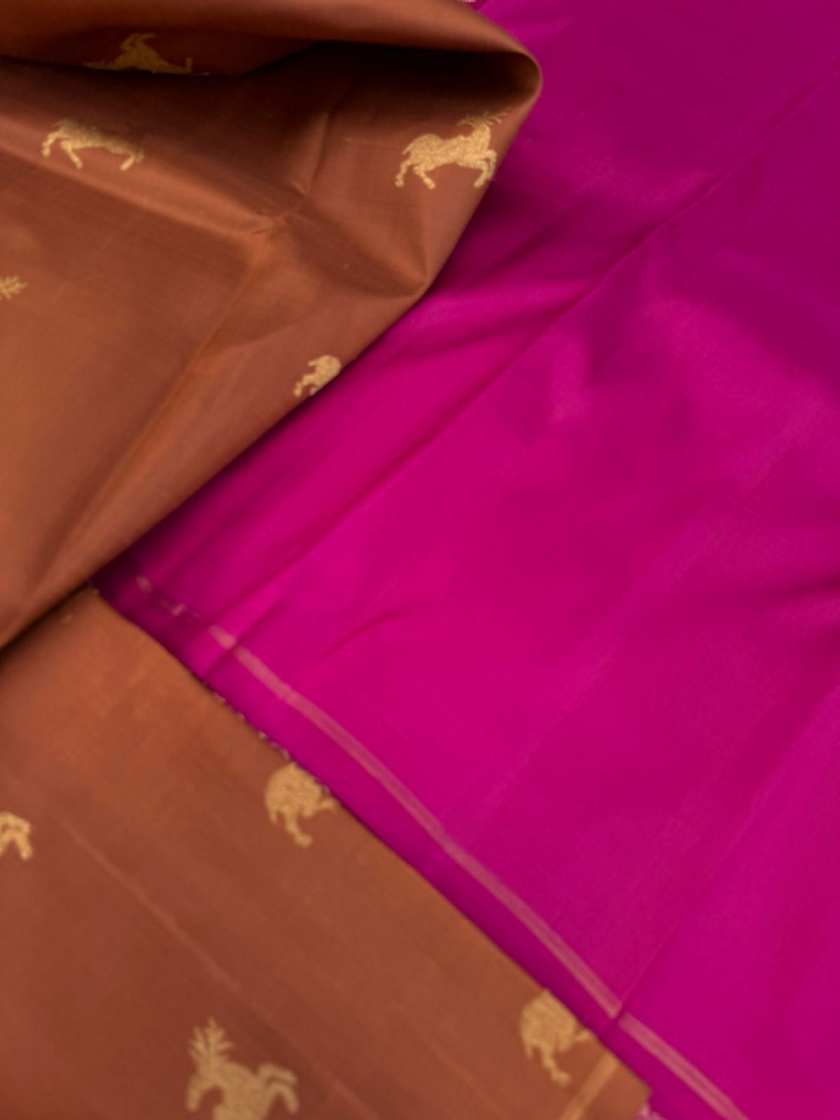 Corporate Kanchivarams - a caramel brown and pink borderless deer buttas