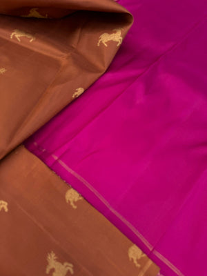 Corporate Kanchivarams - a caramel brown and pink borderless deer buttas