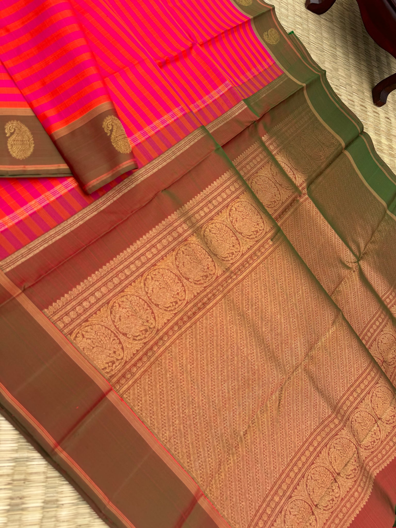 Diwali Edits - Kanchivaram For All Occasions - orange and pink kottadi kattam with maanthulir borders pallu and blouse with paisley woven border buttas
