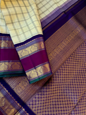 Vintage Ragas on Korvai Kanchivaram - the venn pattu tone ( natural colour of silk tone ) muthu kattam with retta pett korvai woven borders