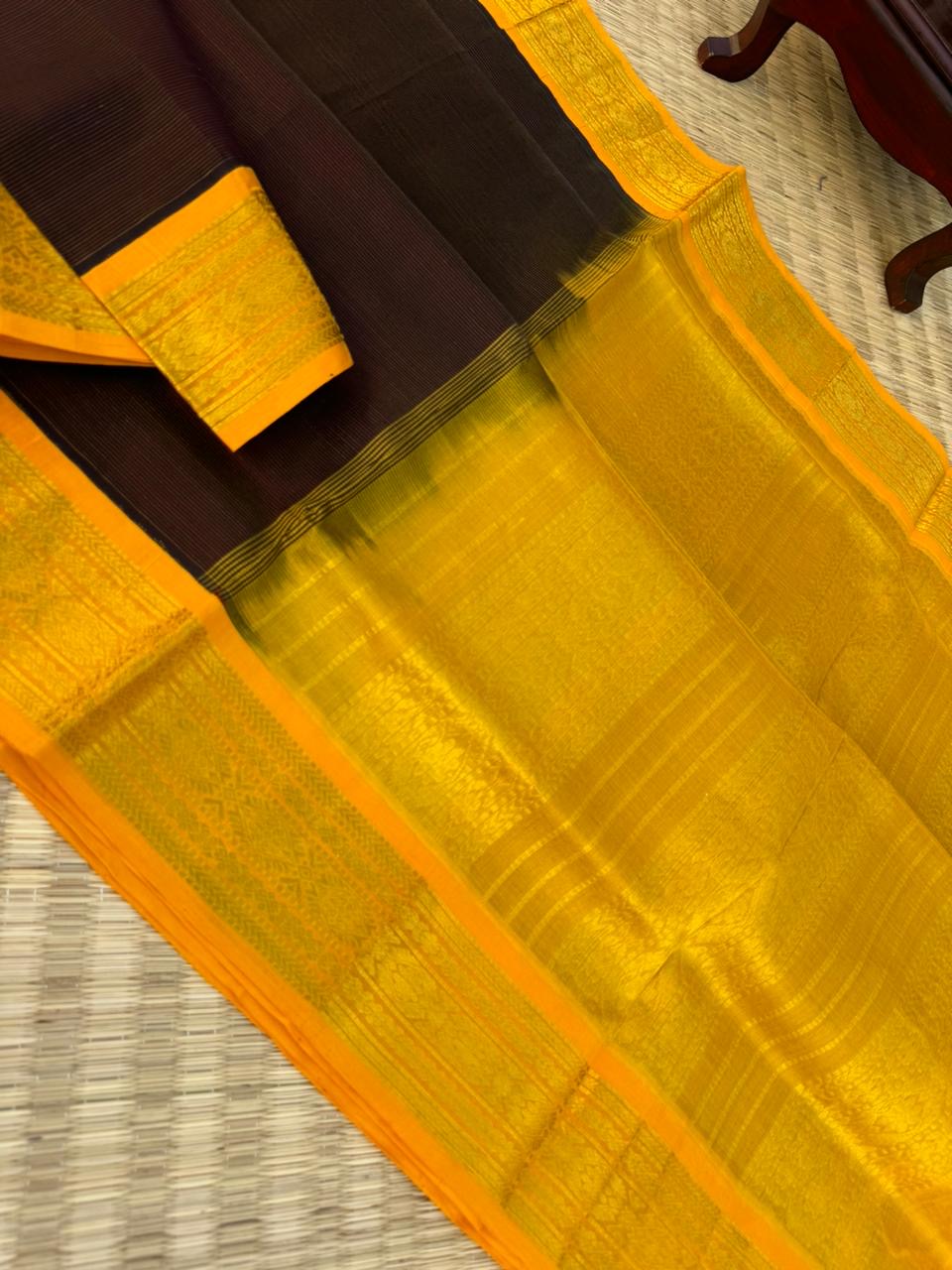 Korvai Silk Cottons - coffee and golden mustard Vairaoosi