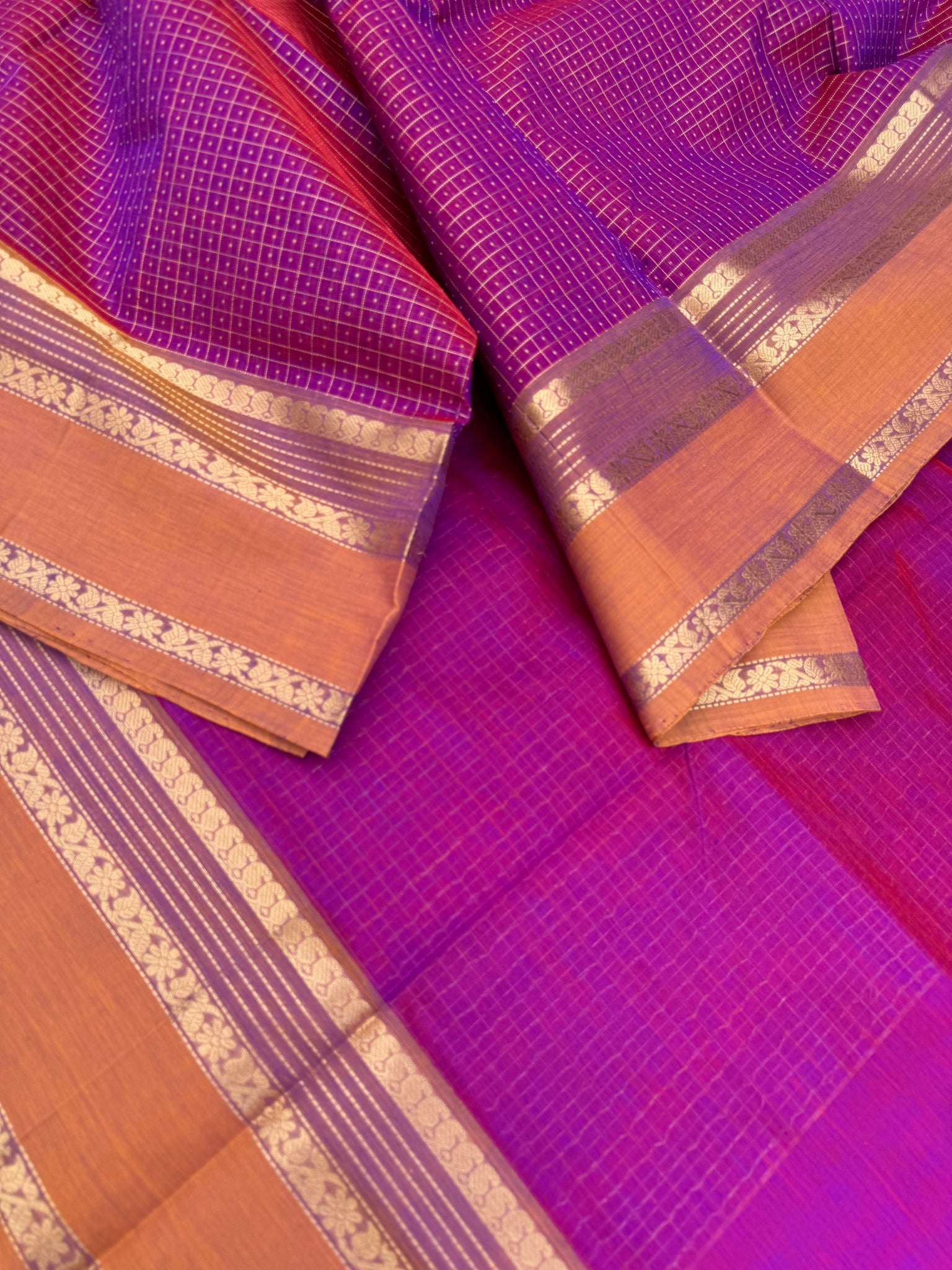 Zari Kissed Silk Cotton - gorgeous purple dual tone lakshadeepam with long parrots woven pallu