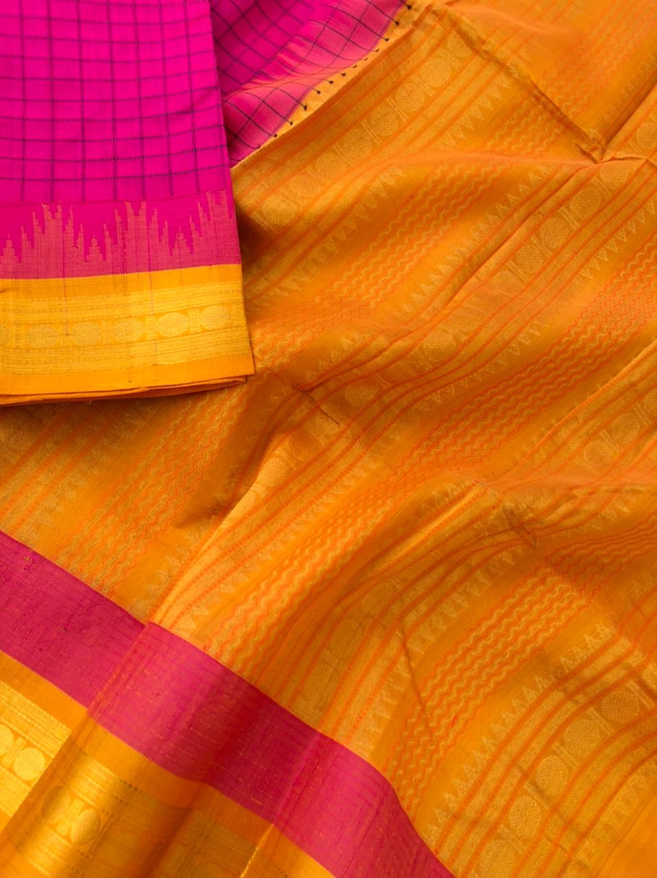 Divyam - Korvai Silk Cotton with Pure Silk Woven Borders - rani pink and mustard Chexs