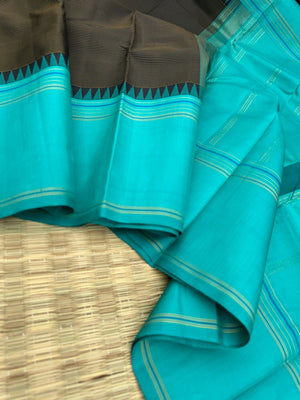 Rarest Korvai Kanchivaram - the best of best black ans teal with invisible stripes woven body