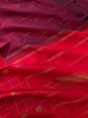 Heriyae - Heirloom Kanchivarams - burgundy maroon red simple and elegant rain Drops woven body with chex woven borders