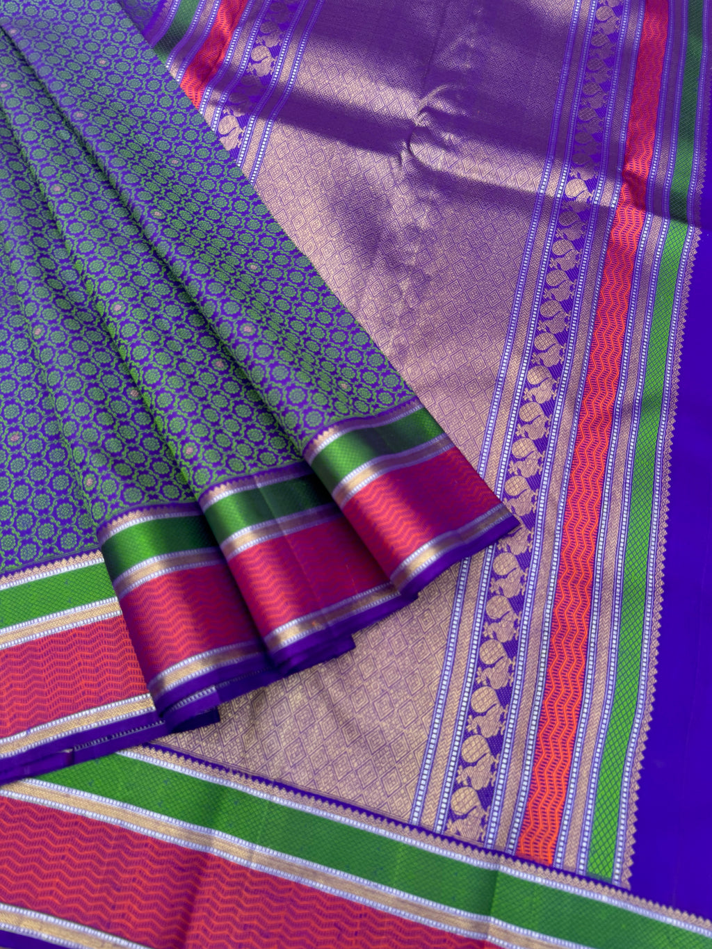 Haritham - Heirloom Yarn Play on Kanchivaram - stunning dual tone peacock violet green with full body rudurakasham weave