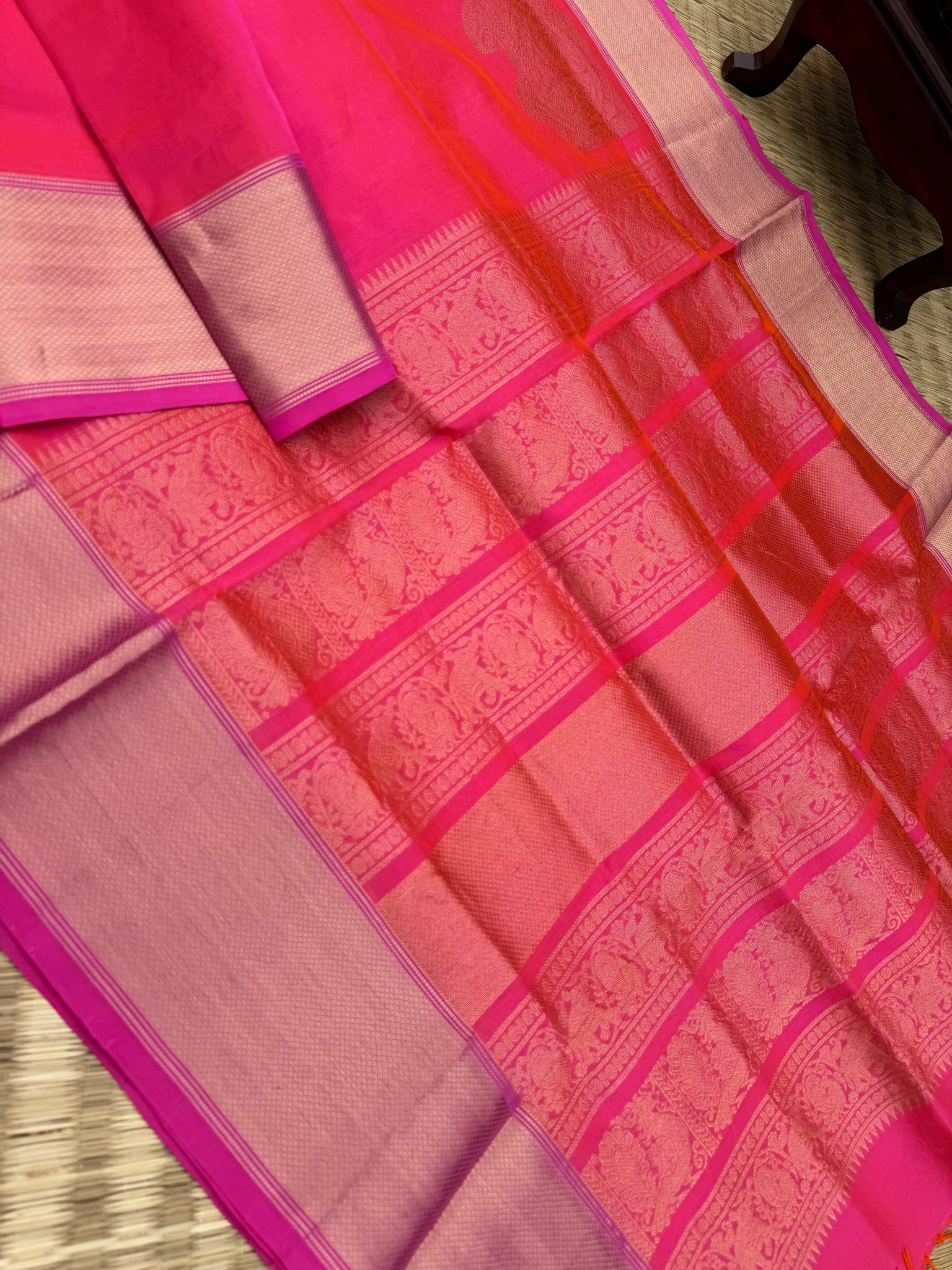 Zari Kissed Silk Cotton - a gorgeous vibrant shocking pink with corner buttas