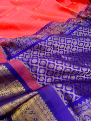 Korvai Silk Cottons - Kanagambaram pink and royal blue Zari kattam buttas