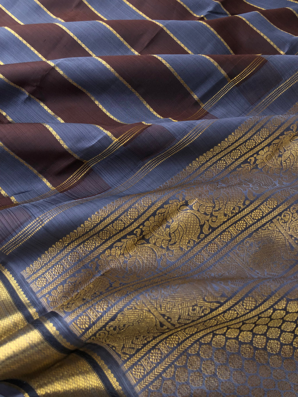 Kamakshi - One of  a Kind Kanchivaram - stunning amazingly woven steel grey and chocolate body with veldhari woven body