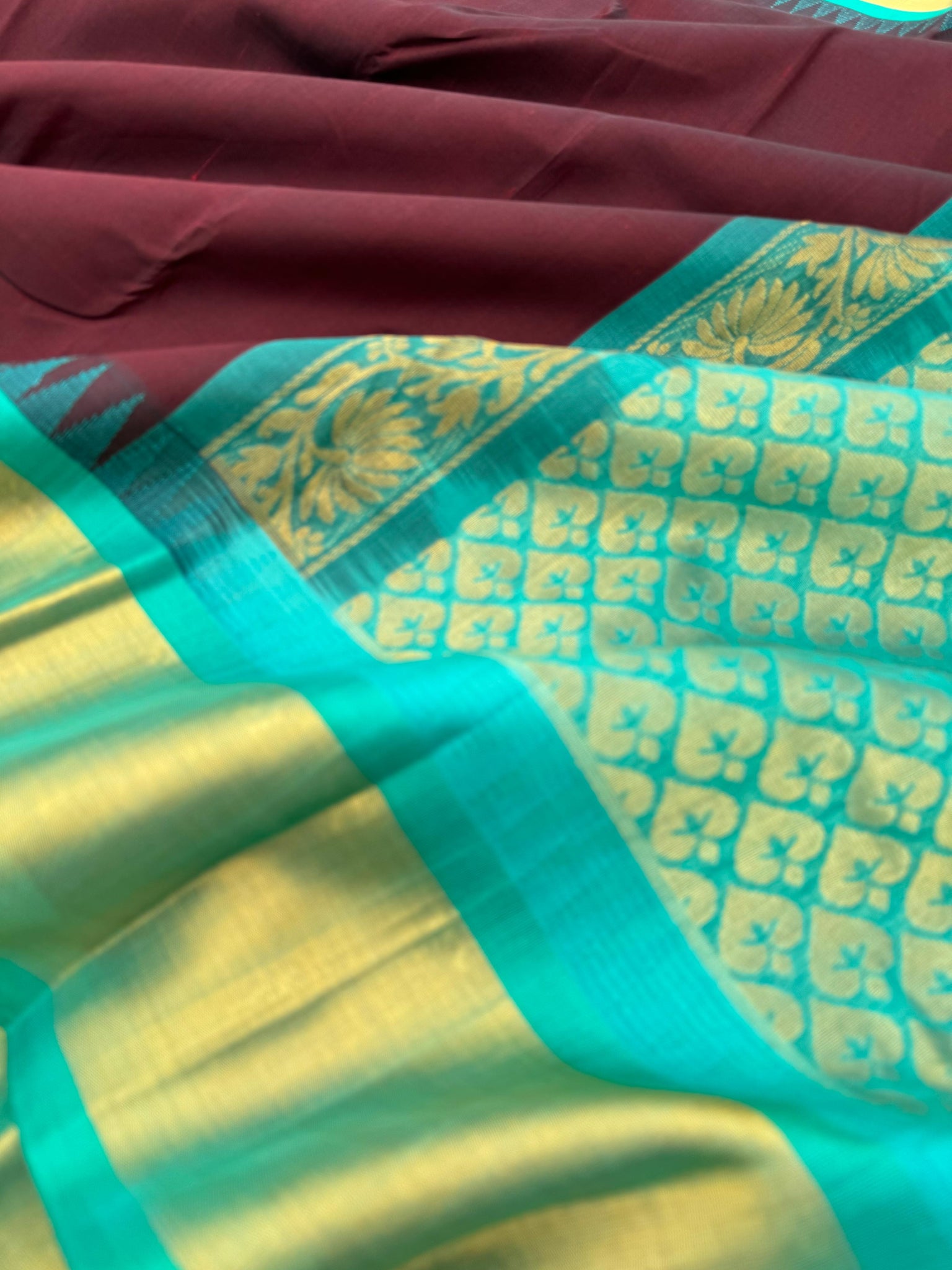 Korvai Silk Cottons - deep maroon and teal with tissue zari woven borders