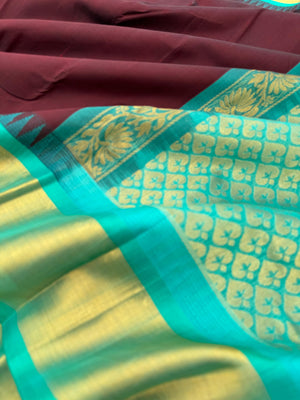 Korvai Silk Cottons - deep maroon and teal with tissue zari woven borders