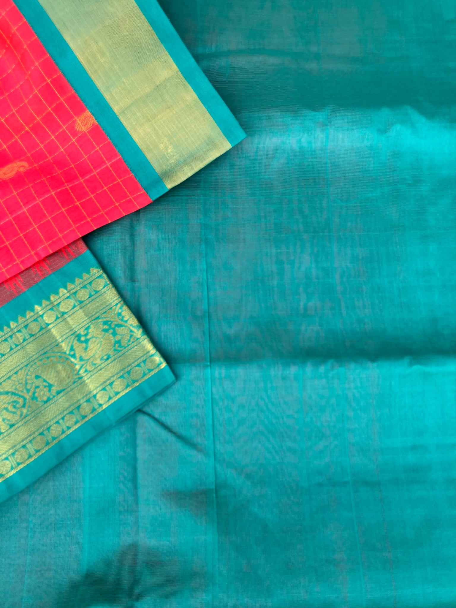 Korvai Silk Cotton - kanakambaram pink and teal zari kattam