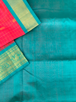 Korvai Silk Cotton - kanakambaram pink and teal zari kattam