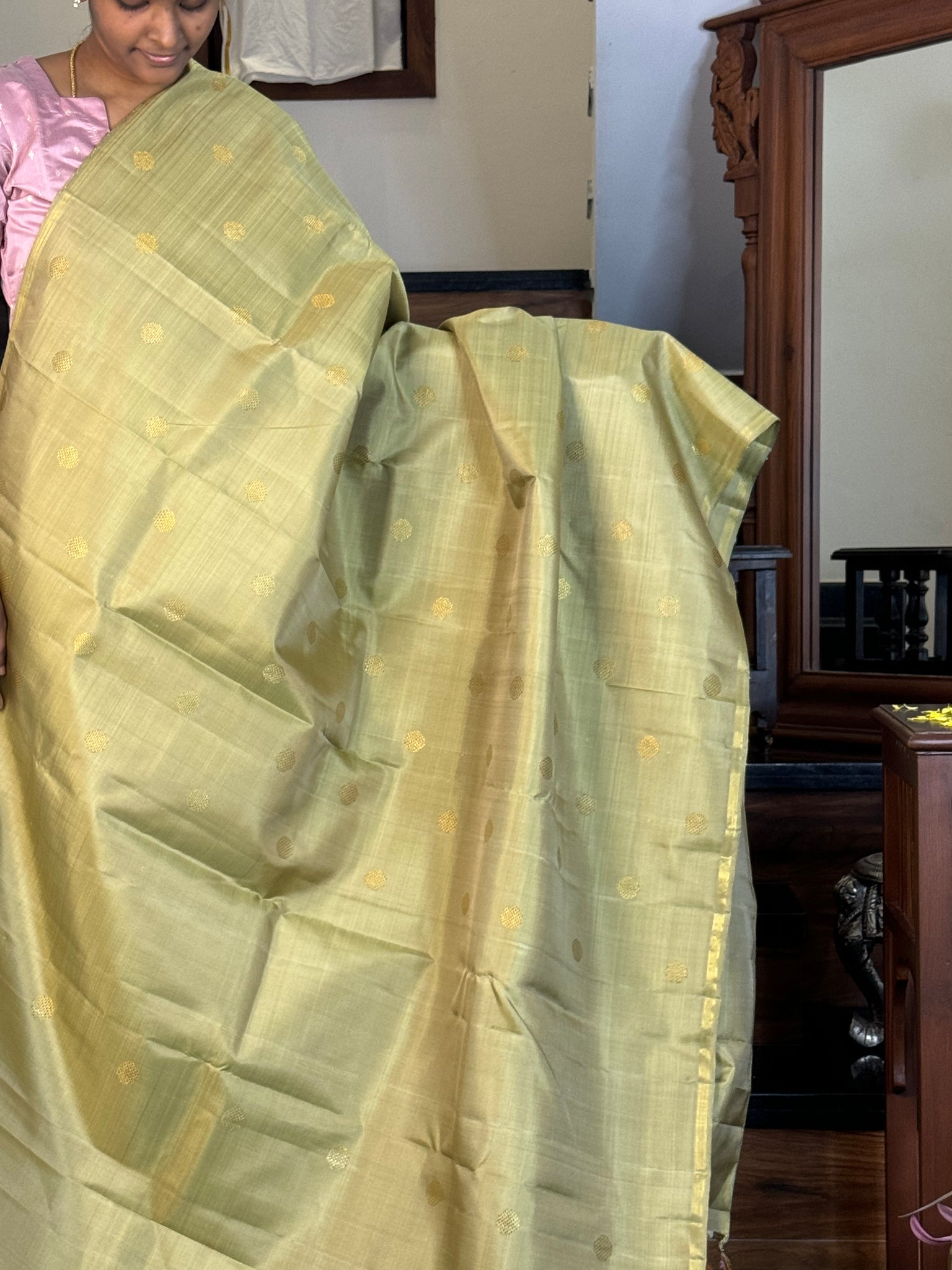 Mohaa - Beautiful Borderless Kanchivaram - a pastel pista green with double pallu and peach pink blouse