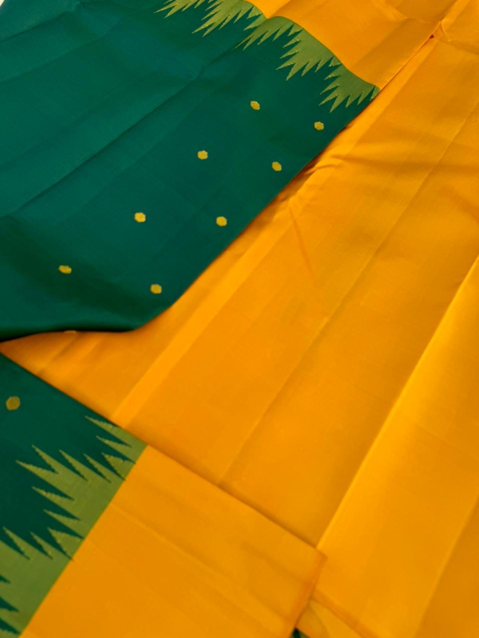 Rarest Korvai Kanchivaram - the best of best Meenakshi green and mustard with tiny buttas woven body