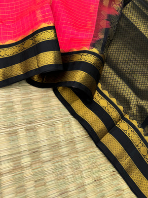 Korvai Silk Cotton - kanakambaram pink and black zari kattam buttas