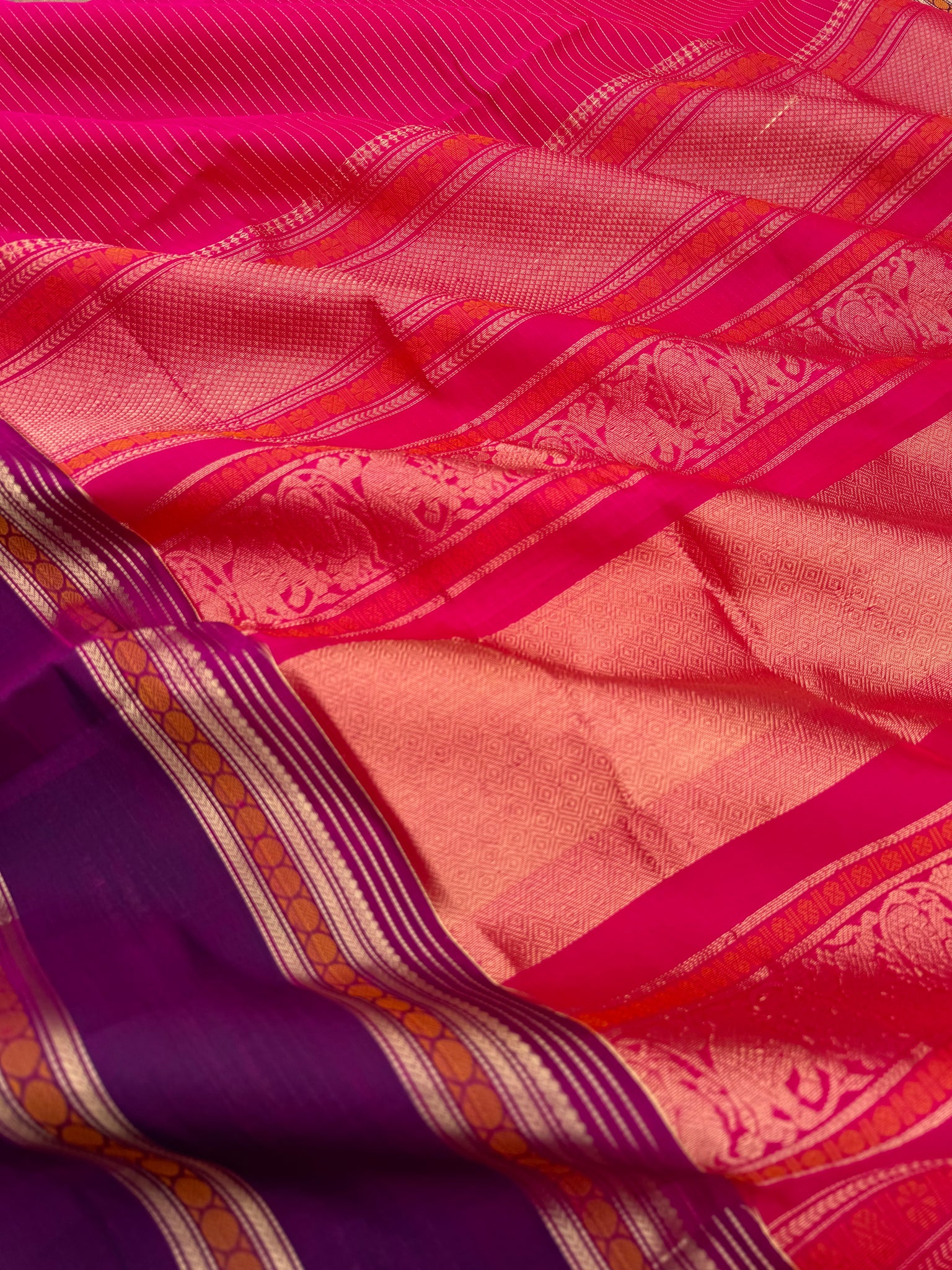Zari Kissed Silk Cotton - a red pink and purple vairaoosi with vintage vibe borders
