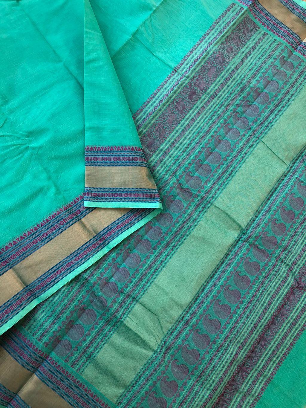 Mangalavastaram - aqua blue green with tissue woven borders