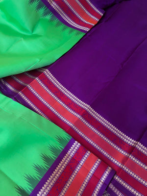 Silk Play on No Zari Kanchivaram - gorgeous green and deep purple