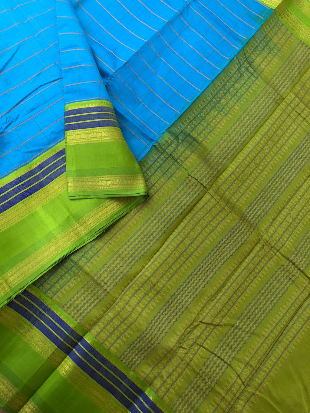 Divyam - Korvai Silk Cotton with Pure Silk Woven Borders - gorgeous anandha blue and apple green