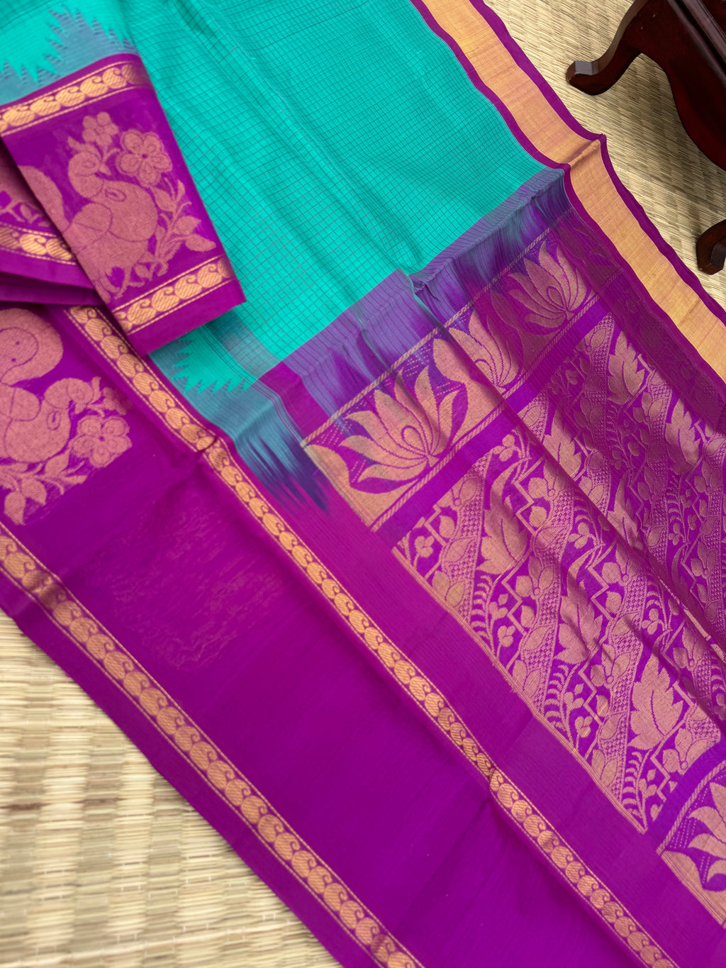 Korvai Silk Cottons - aqua blue and violet with border buttas