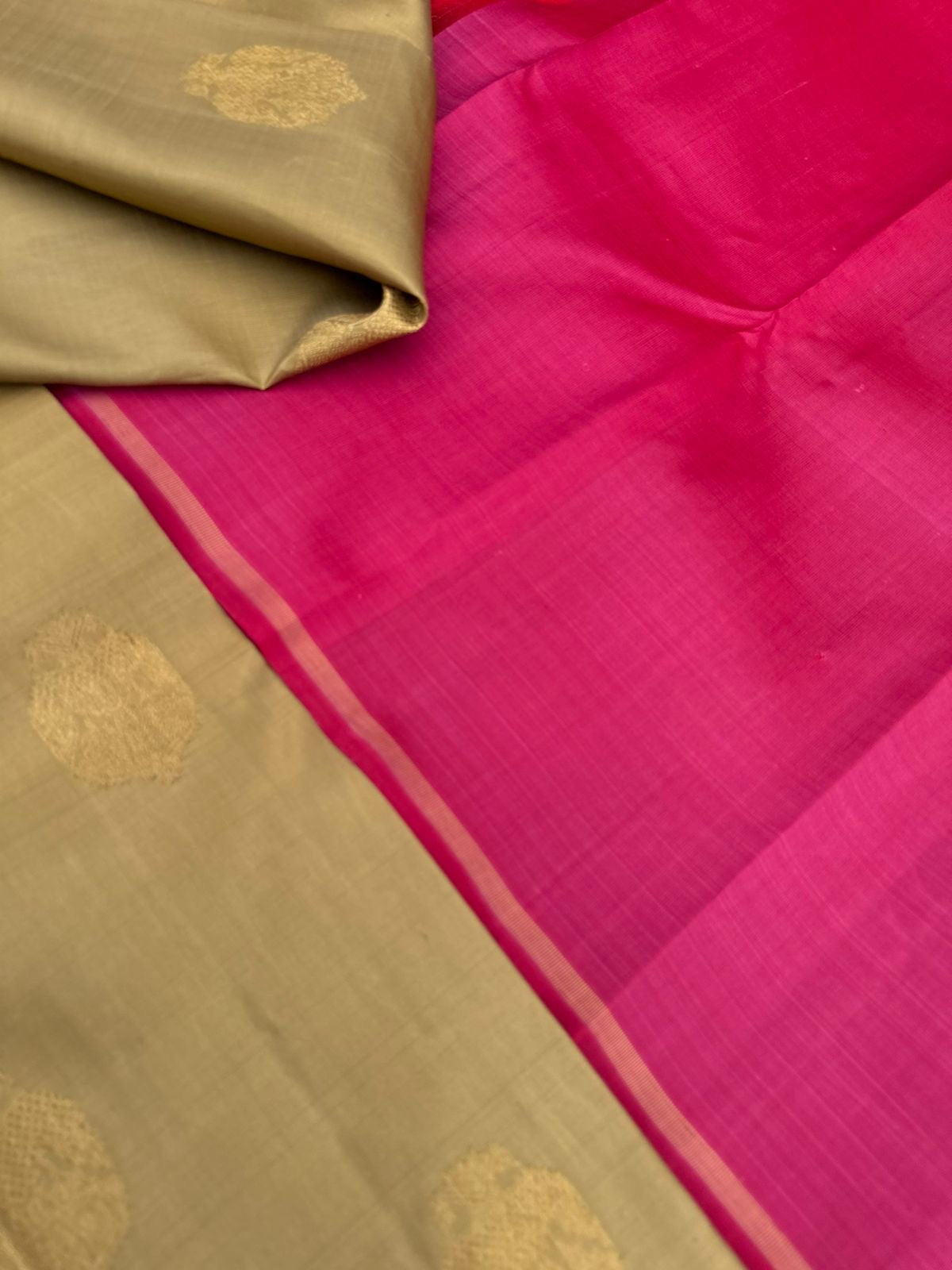 Mohaa - Rarest Borderless Kanchivarams - a biscuit tone irruthalaipakshi butta body with two solid colours uniquely woven pallu