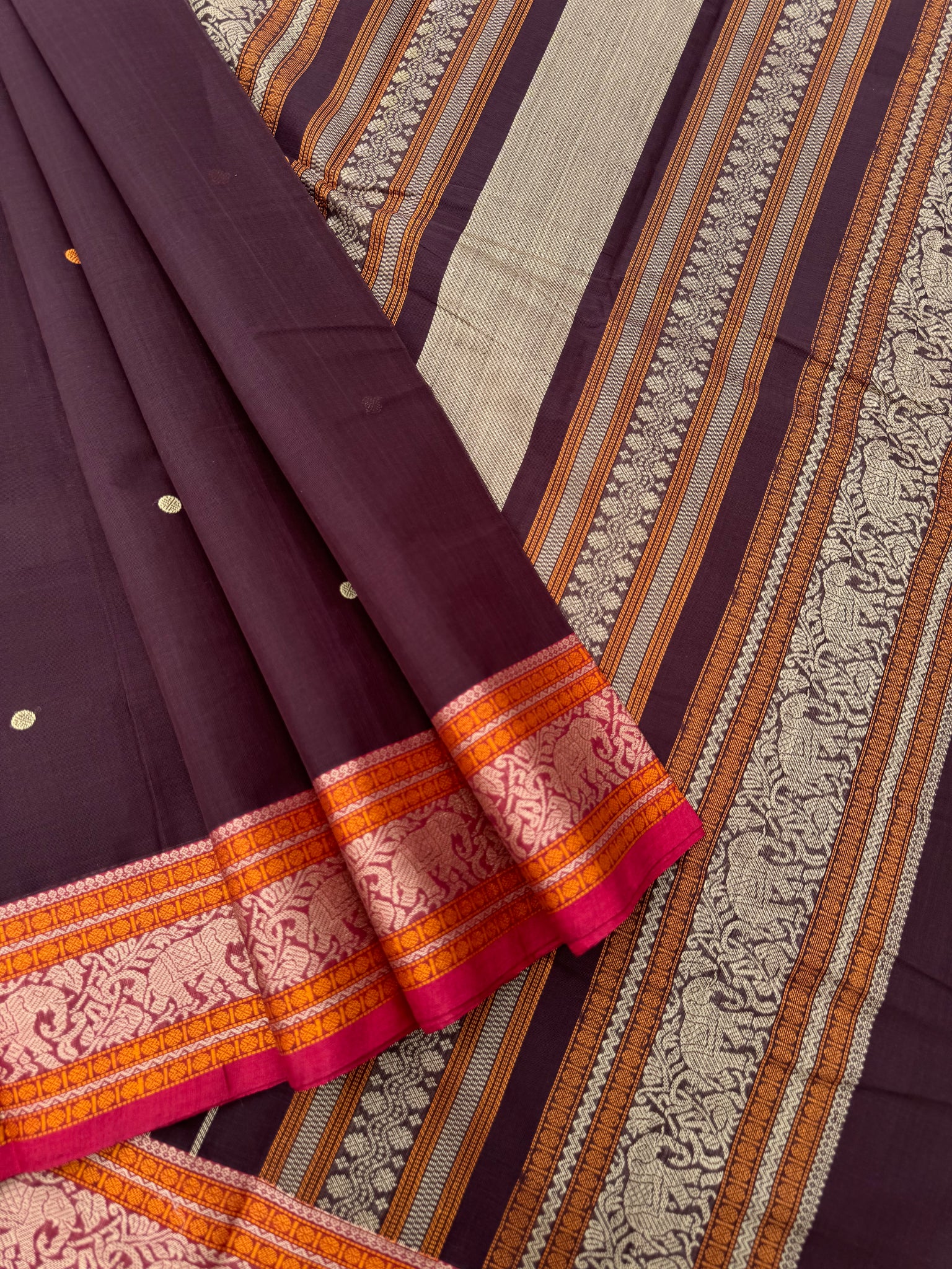 Mangalavastaram - coffee bean brown with elephants woven borders