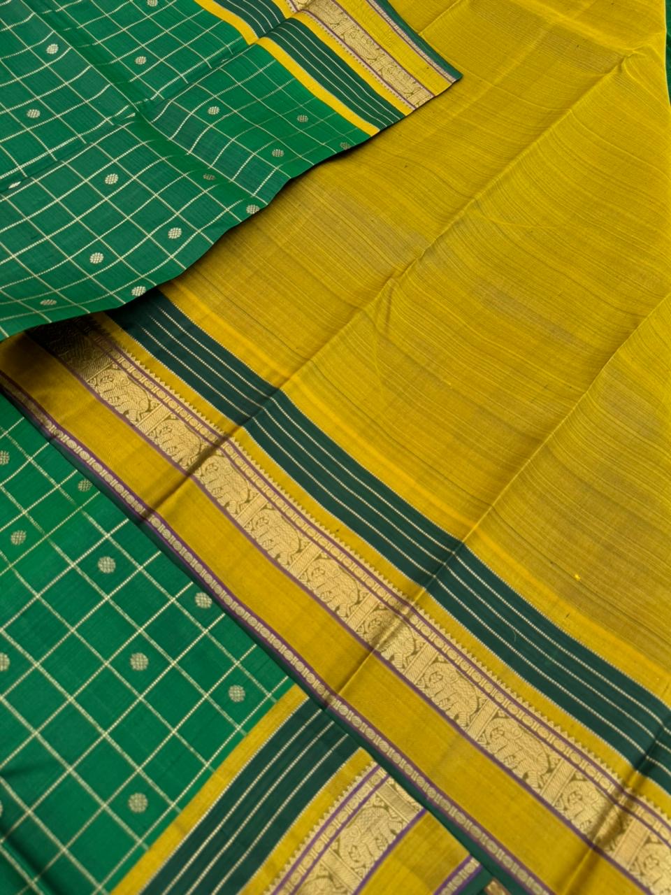 Kanchivaram Trunk - a stunning green and fenugreek mustard kattam and butta woven Kanchivaram