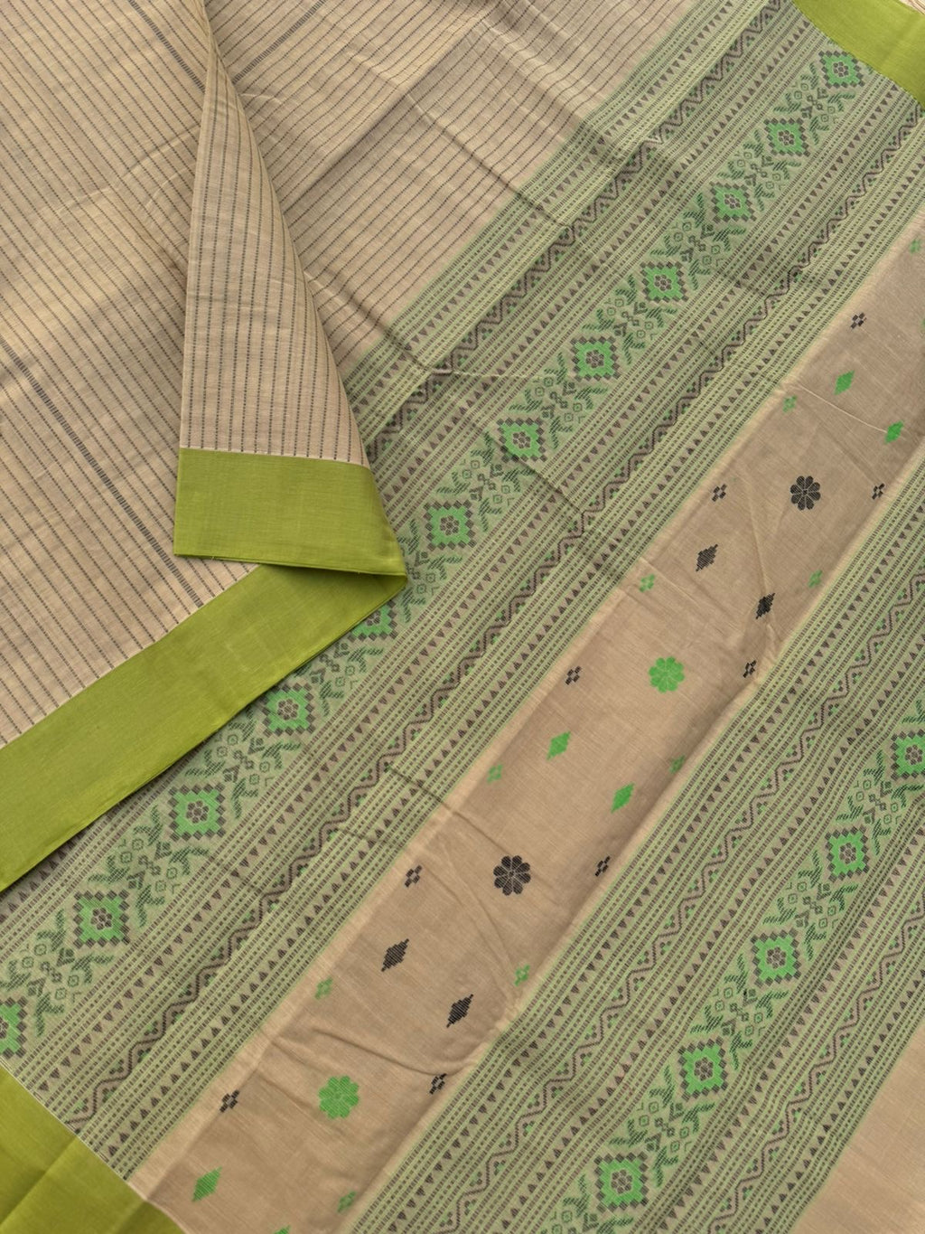 Mangalavastaram - beige and pista green with vertical muthu strips and stunning pallu