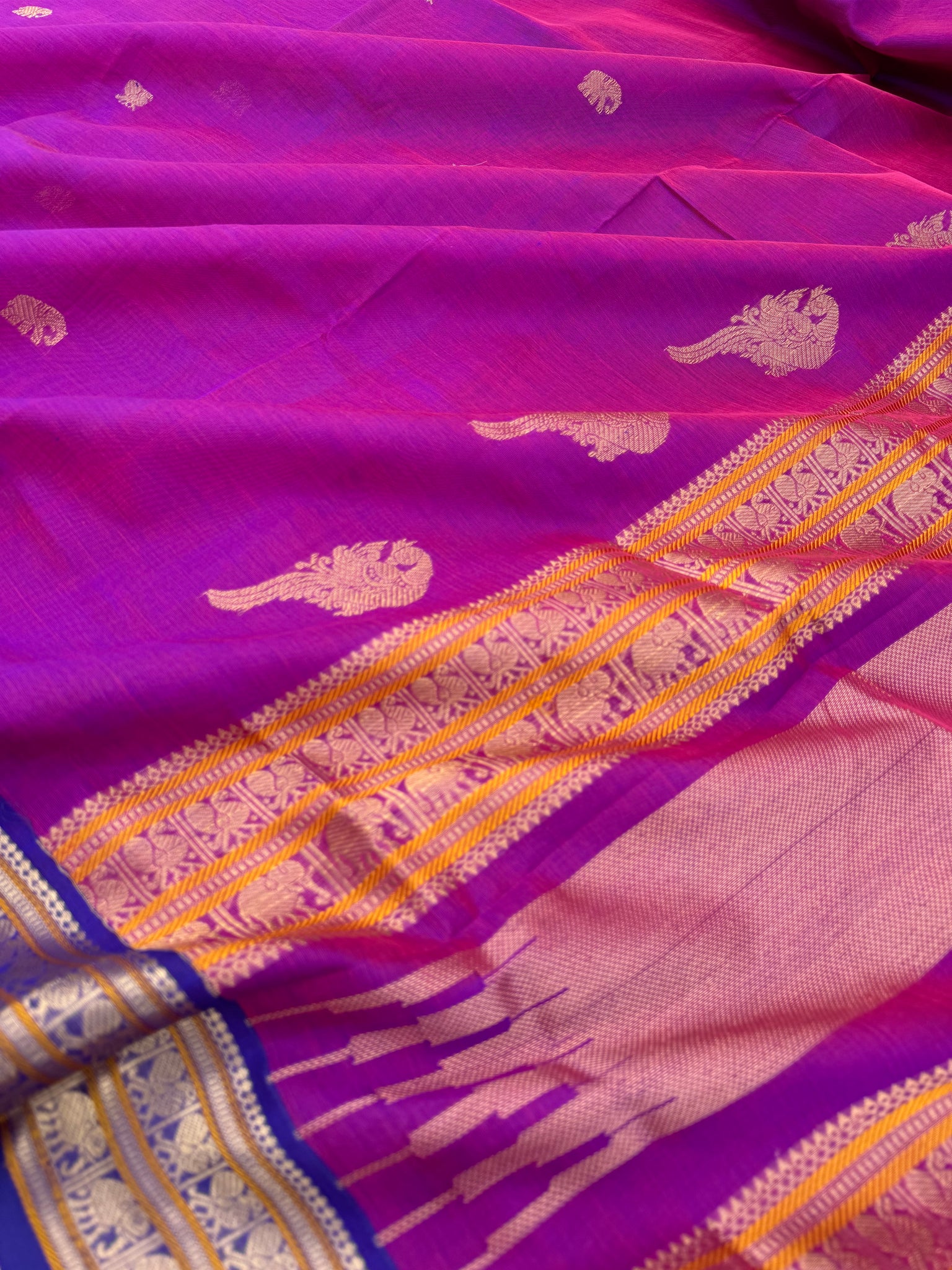 Zari Kissed Silk Cotton - a parrot thindhu butta with elephant and annam borders