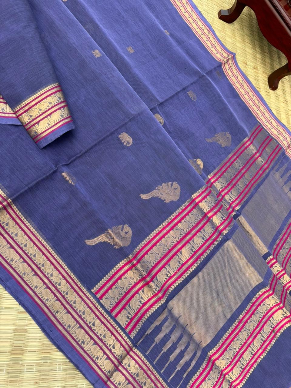 Zari Kissed Silk Cotton - a stunning konjum killi woven thindhu butta with small elephants and annapakshi woven buttas