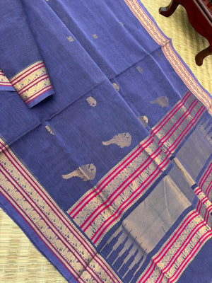 Zari Kissed Silk Cotton - a stunning konjum killi woven thindhu butta with small elephants and annapakshi woven buttas